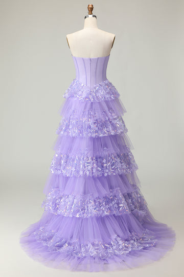 Strapless Tiered Purple A Line Prom Dress with Appliques
